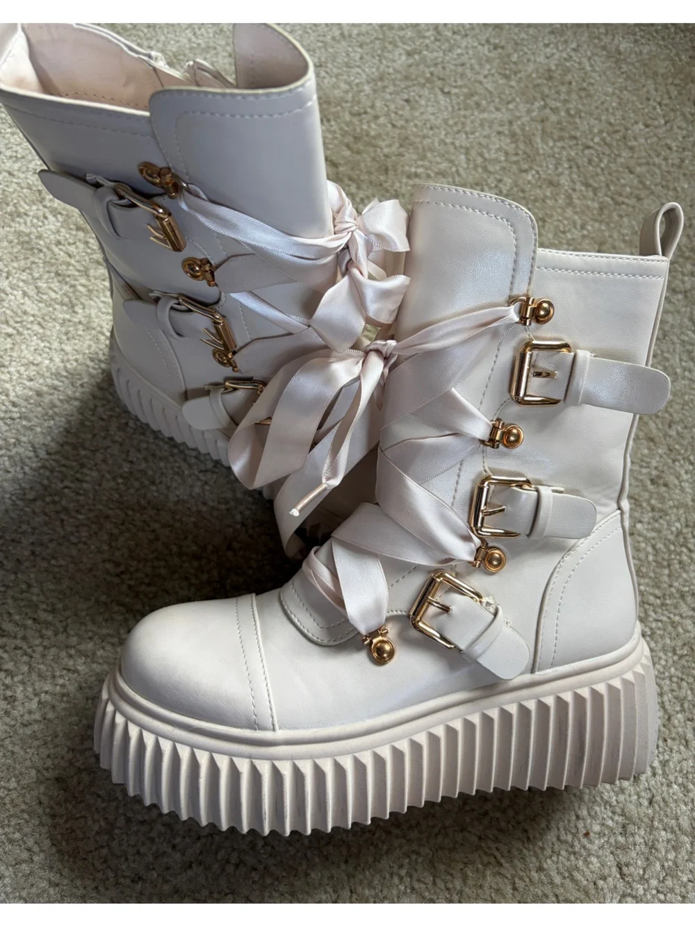 Vivianly Women's Cream Platform Lace-Up Lolita Combat Boots with Gold Hardware - Picture 1 of 8